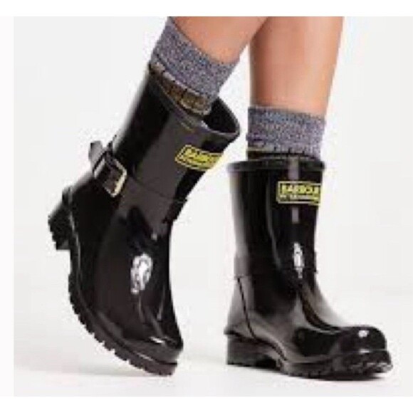 NEW Barbour International Women Black High Gloss Ankle Wellies Rain Boots 9M - Picture 5 of 8